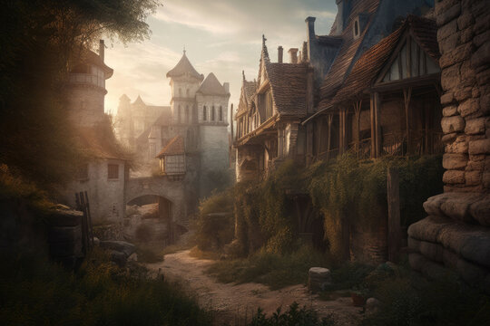 Medieval street in the fantasy town architecture. Dirty stony ground. Generative AI