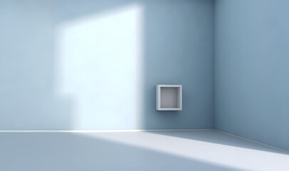 Fototapeta na wymiar Creative mock concept. Empty large empty textured pastel blue concrete wall room with natural shadow. Banner template for product presentation. Mock up 3D rendering 