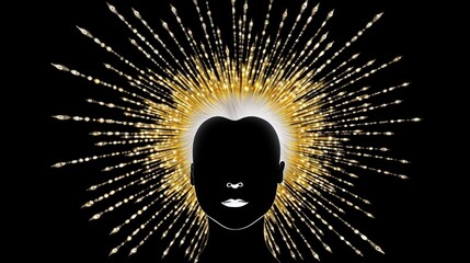 Beauty fashion design. Style template with abstract female face sketch in sun crown on black background. Generative AI illustration for cover, card, postcard, interior design, invitations or print.