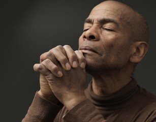 Fototapeta na wymiar man praying to god with hands together with depression on grey background stock photo 