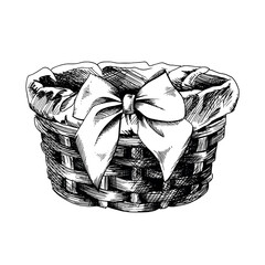 Wicker basket with bow and fabric inside, for home decor, cosmetics, flowers. EPS hand drawn black and white vector graphic illustration. Isolated object on a white background