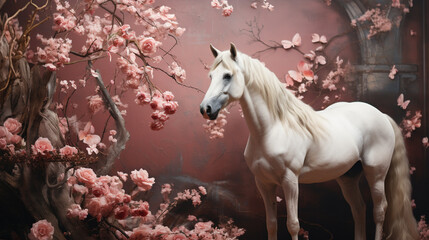 Obraz na płótnie Canvas A Majestic Horse Standing in Front of a Vintage Floral Backdrop with Rich Painted Textures in the Background - Muted Surrealism Effect with Beautiful Flowers in Pastel Color Aesthetic - Generative AI
