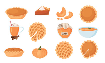 Set of pumpkin dishes. Harvest, collection of vegetables. Jam, soup, pumpkin coffee, slice, pie, food. Pattern for printing on fabric, vitamin.