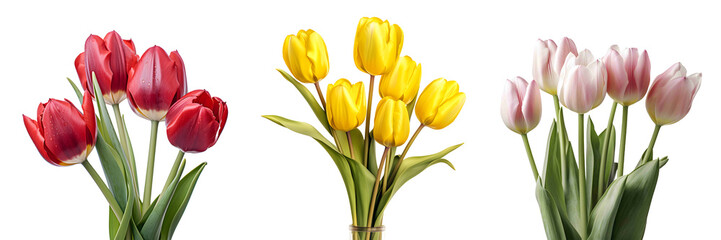 A collection of fresh natural pink, yellow, and red tulip flowers bouquet set. Generative AI - obrazy, fototapety, plakaty