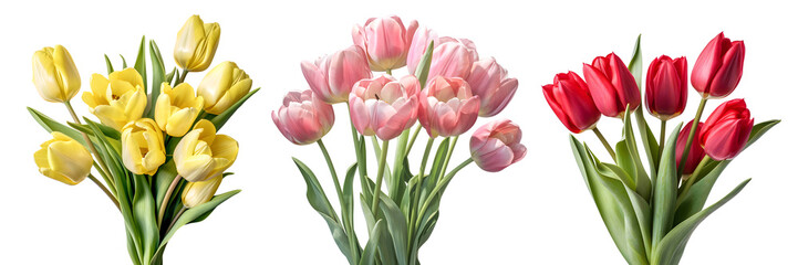 A collection of fresh natural pink, yellow, and red tulip flowers bouquet set. Generative AI - Powered by Adobe