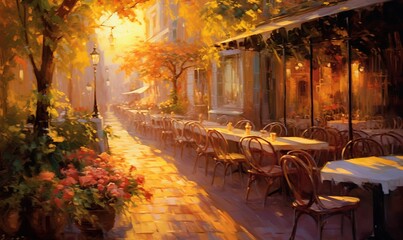 Obraz premium a painting of a restaurant with tables and chairs on the sidewalk. generative ai