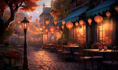 Obraz premium a painting of a restaurant with lanterns hanging from the ceiling. generative ai