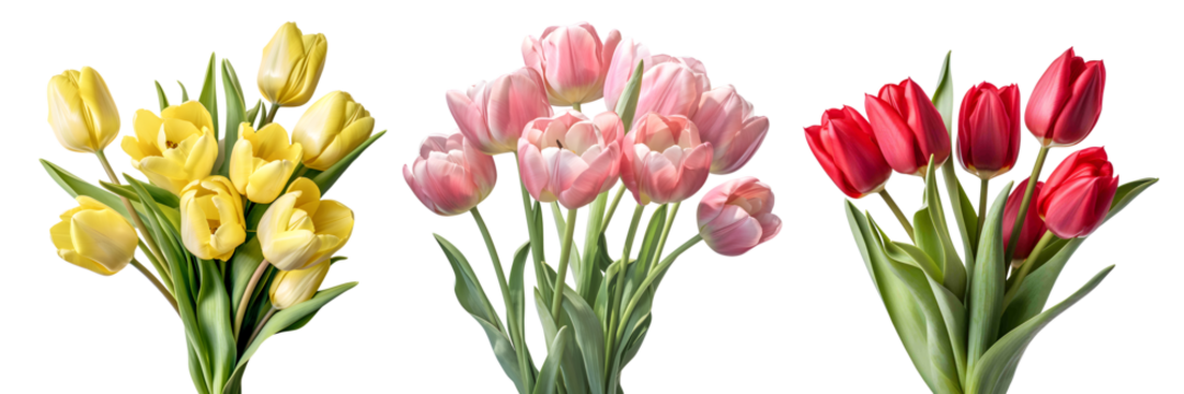 A collection of fresh natural pink, yellow, and red tulip flowers bouquet set. Generative AI