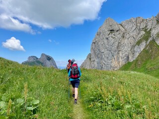 Fototapeta na wymiar Women hiking in Alpstein, Appenzell, Switzerland.