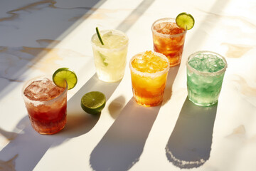 Fototapeta premium Beautiful mexican margarita cocktails, sitting on a marble bar top, with tajin salted rims and garnishes. Colorful drinks with dramatic shadows and lighting.