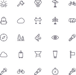 Travel icon set. Collection of outdoor activity sign for web design, UI design, mobile app, etc. Relax outline icon. Camping black pictogram on white background.