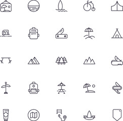 Fototapeta premium Travel icon set. Collection of outdoor activity sign for web design, UI design, mobile app, etc. Relax outline icon. Camping black pictogram on white background.
