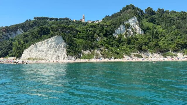 Aerial Drone Footage View Of Sirolo beach in Sirolo Ancona Italy