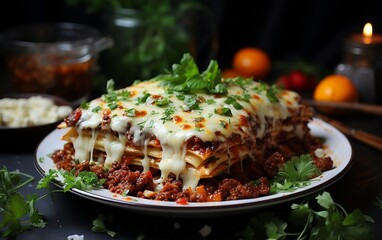 Lasagna with cheese and sauce. Generative AI