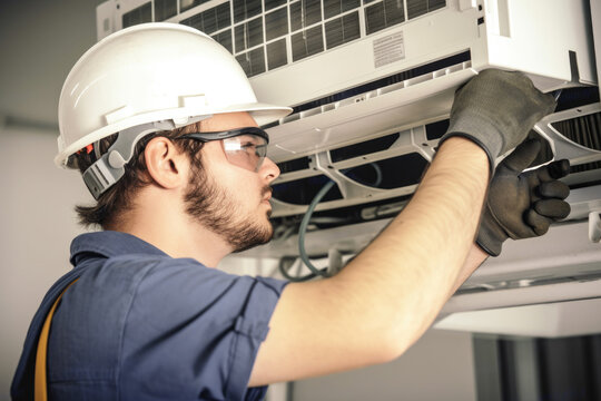 Technician working on air conditioning indoor unit. Man wearing helmet and protective goggles, HVAC worker professional occupation. Generative AI