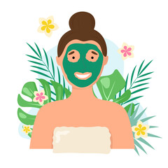Obraz premium Vector beauty spa salon composition. Woman on facial mask, tropical leaves, flowers on white background. Skincare beauty concept illustration.