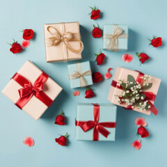 Valentine's day background with gift boxes and red roses. Flat lay, top view, copy space