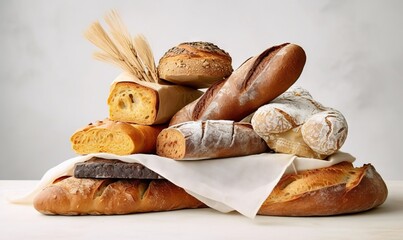  a stack of breads and rolls on a table top.  generative ai
