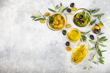 Olive oil in a glass bowl and gravy boat on a textured background. Oil bottle with branches and fruits of olives. Place for text. copy space. Cooking oil and salad dressing.