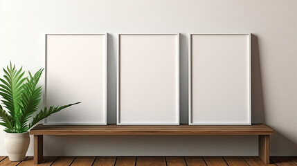 Three blank photo frame mockup placed on a wooden floor in an empty room, surrounded by a lush green plant. --ar 16:9