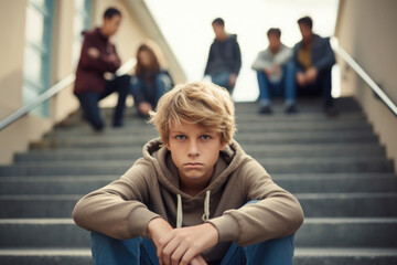 Depressed school boy sitting alone at stairs. Victim of school bullying. Stress and mental problem in childhood. Created with Generative AI - obrazy, fototapety, plakaty