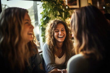 Happy female friends meeting in cafe. Group of people sitting in restaurant, talking and laughing. Women spending time together. Created with Generative AI