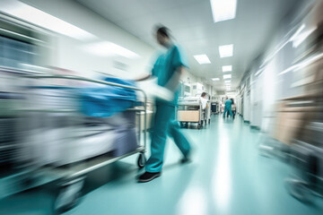 Fototapeta na wymiar Hospital emergency team rush patient on gurney to the operating theater. Corridor in medical clinic with working doctors, motion blur effect. Created with Generative AI