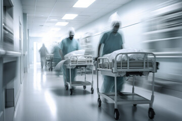 Hospital emergency team rush patient on gurney to the operating theater. Corridor in medical clinic with working doctors, motion blur effect. Created with Generative AI