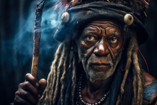 African shaman or witch doctor, mystical dark occult portrait. Generative AI