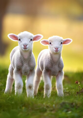Fototapeta premium Two young lamb sheep on spring meadow looking curious into camera, nice warm afternoon sunlight haze. Generative AI
