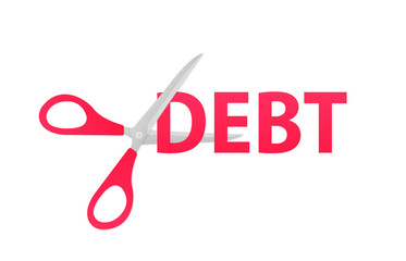 Scissors cut the text debt. Debt forgiveness, elimination, cancellation and relief - financial loan. Concept of debt management or corporate accomplishment. Vector illustration