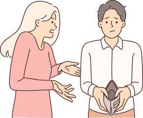Bankrupt couple of man with empty wallet and flustered young woman asking what to do