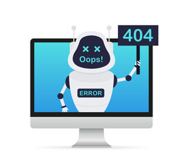 404 error page not found banner. Computer screen with warning sign and text 404. System error, broken page. For website. Web Template. Problem Report. Vector illustration