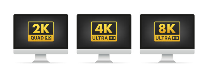 Modern display with high definition on the computer screen. Computer 2k 4k and 8k. Quad HD, Full HD and HD. Game Screen monitor display Label. Resolution Icon Logo. Vector illustration