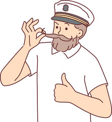 Man cruise ship captain fixes mustache and gives thumbs up suggestion to go on joint trip