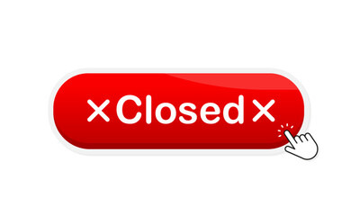 Closed button. Closed rounded red sign. Closed. Red isolated button. Mouse cursor clicking on the button. Rounded red sticker. Vector illustration