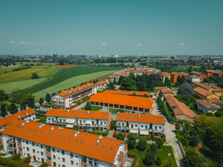 Landscape aerial view. Summer footage of the Italian countryside. Country life concept. Italy, Lombardy, Poasco