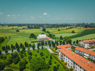 Landscape aerial view. Summer footage of the Italian countryside. Country life concept. Italy,...
