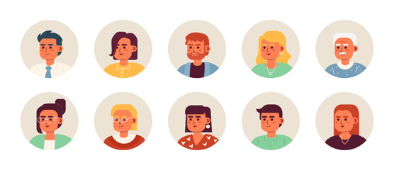 Young adult caucasian people semi flat colour vector character heads pack. Colorful avatar icons. Editable cartoon style emotions. Simple spot illustration bundle for web graphic design