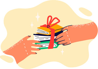 Books with gift ribbon in hands of person symbolize prize to student of school for winning olympiad