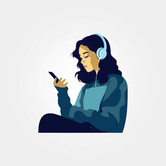 young woman listening to music on cell phone, vector illustration