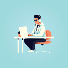 beautiful young man working and listening to music