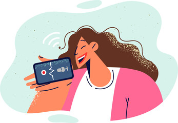 Woman records voice message on mobile phone enjoying opportunity to communicate via messengers