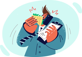 Busy business man eating and talking on phone at same time, working in multitasking mode