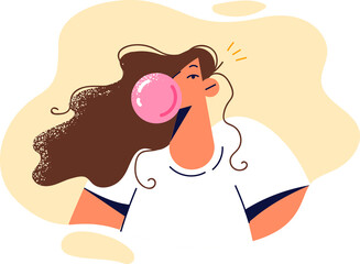 Girl blows chewing gum bubble enjoying fruity pink cud due to laziness and lack of urgent matters - obrazy, fototapety, plakaty
