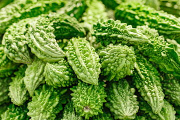 Momordica cucumber bitter gourd sell vegetables in market, selective focus