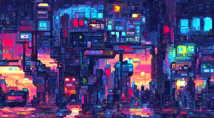 Cyberpunk neon city night. Futuristic city scene in a style of pixel art. 80's wallpaper. Retro future illustration. Urban scene.