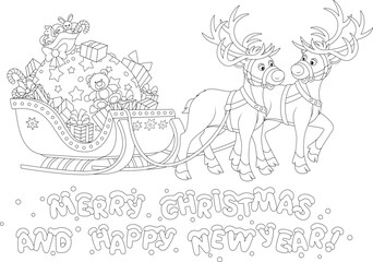 Merry Christmas and Happy New Year card with holiday gifts and toys of Santa Claus in his sleigh with reindeers before a magic journey around the World, vector cartoon illustration