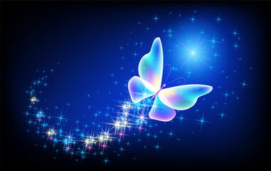 Magic butterfly with sparkle trail flying in night sky among glowing stars in cosmic space. Animal protection day concept.
