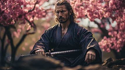 Samurai with sword sitting in the sakura garden